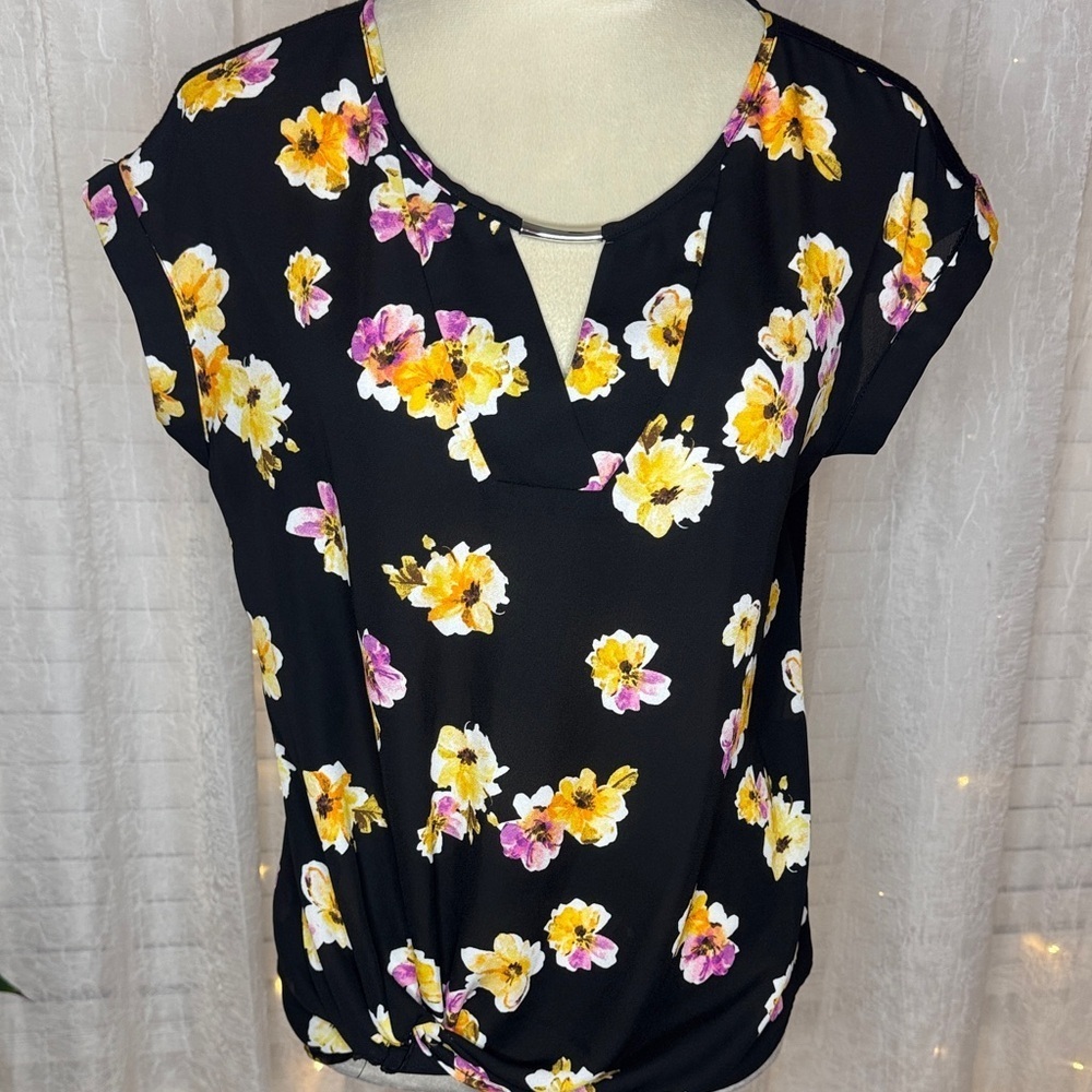AB Studio Black Blouse with Yellow and Pink Floral Design